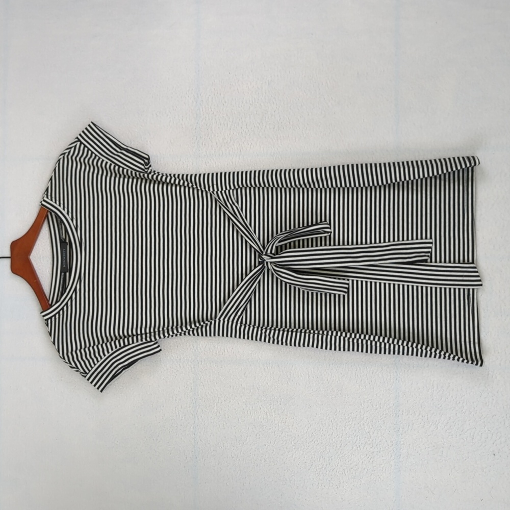 Merokeety Black & White Striped Tie‎ Short Sleeve Midi Dress S